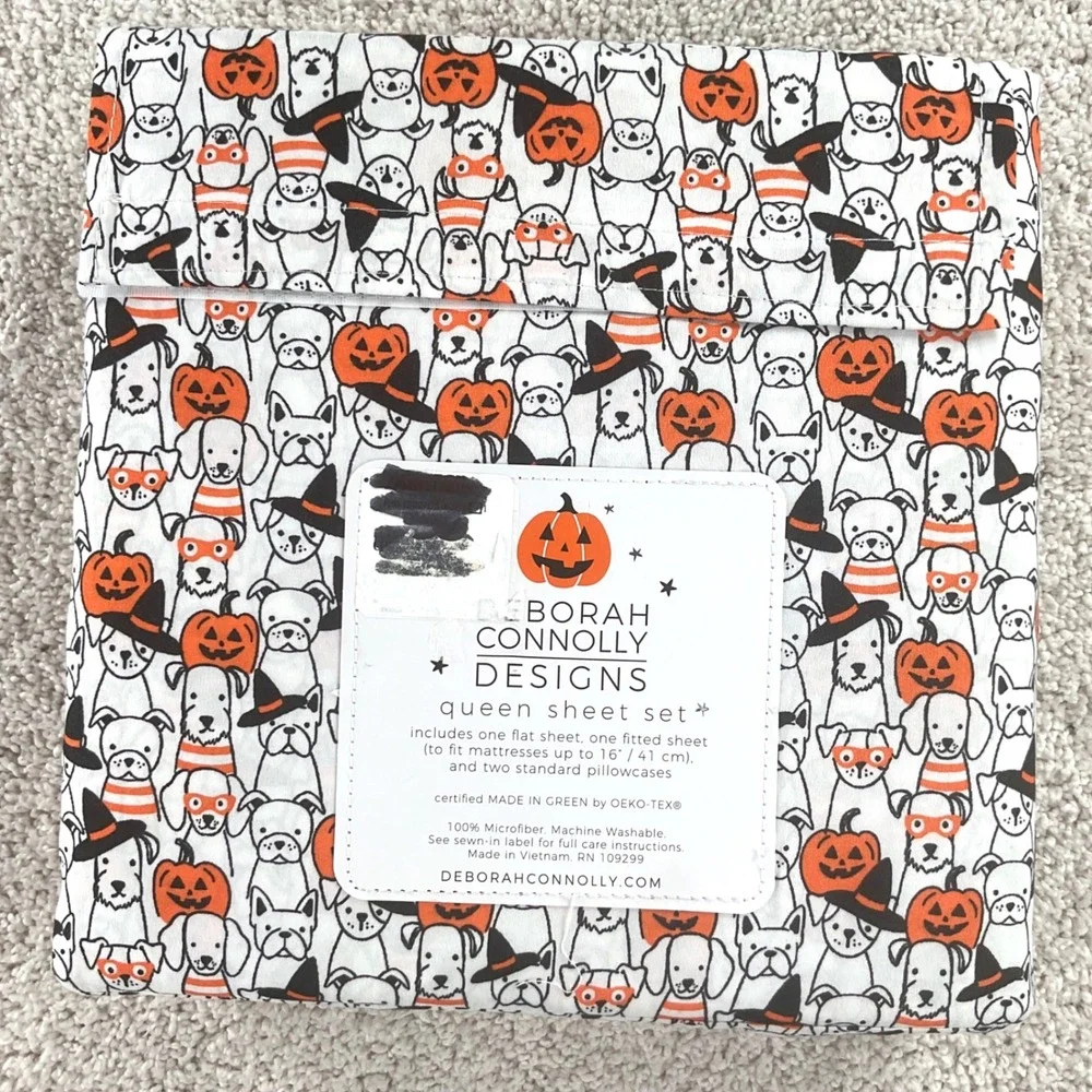 Deborah Connolly Designs Halloween Dog Pumpkin Queen Sheet Set 4pc Microfiber